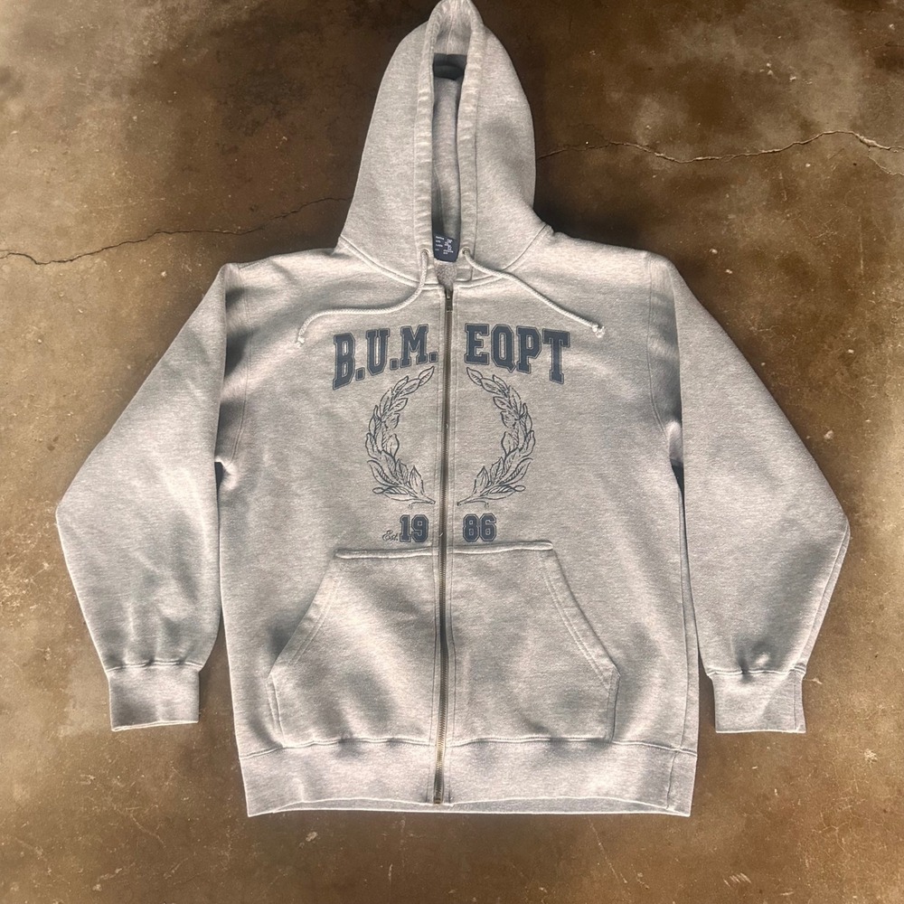B.U.M. Equipment Zip Hoodie Men S Gray Excellent Graphic Laurel Wreath 1986